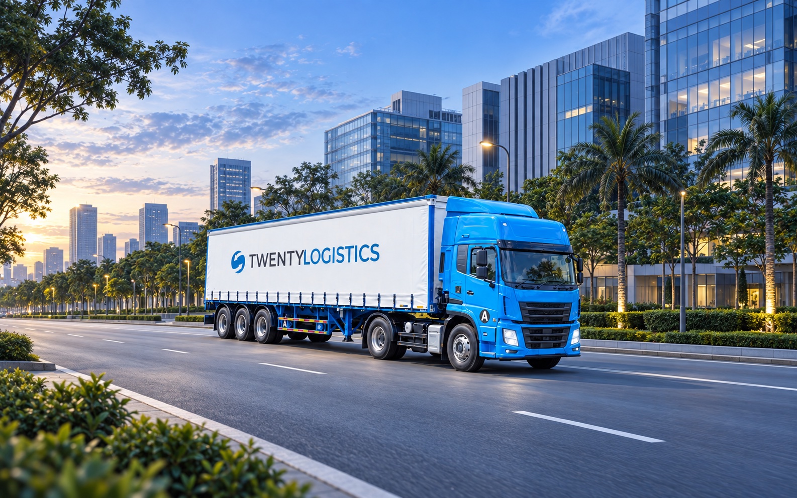 Illustrative render of a Twenty Logistics truck in a modern Malaysian business district