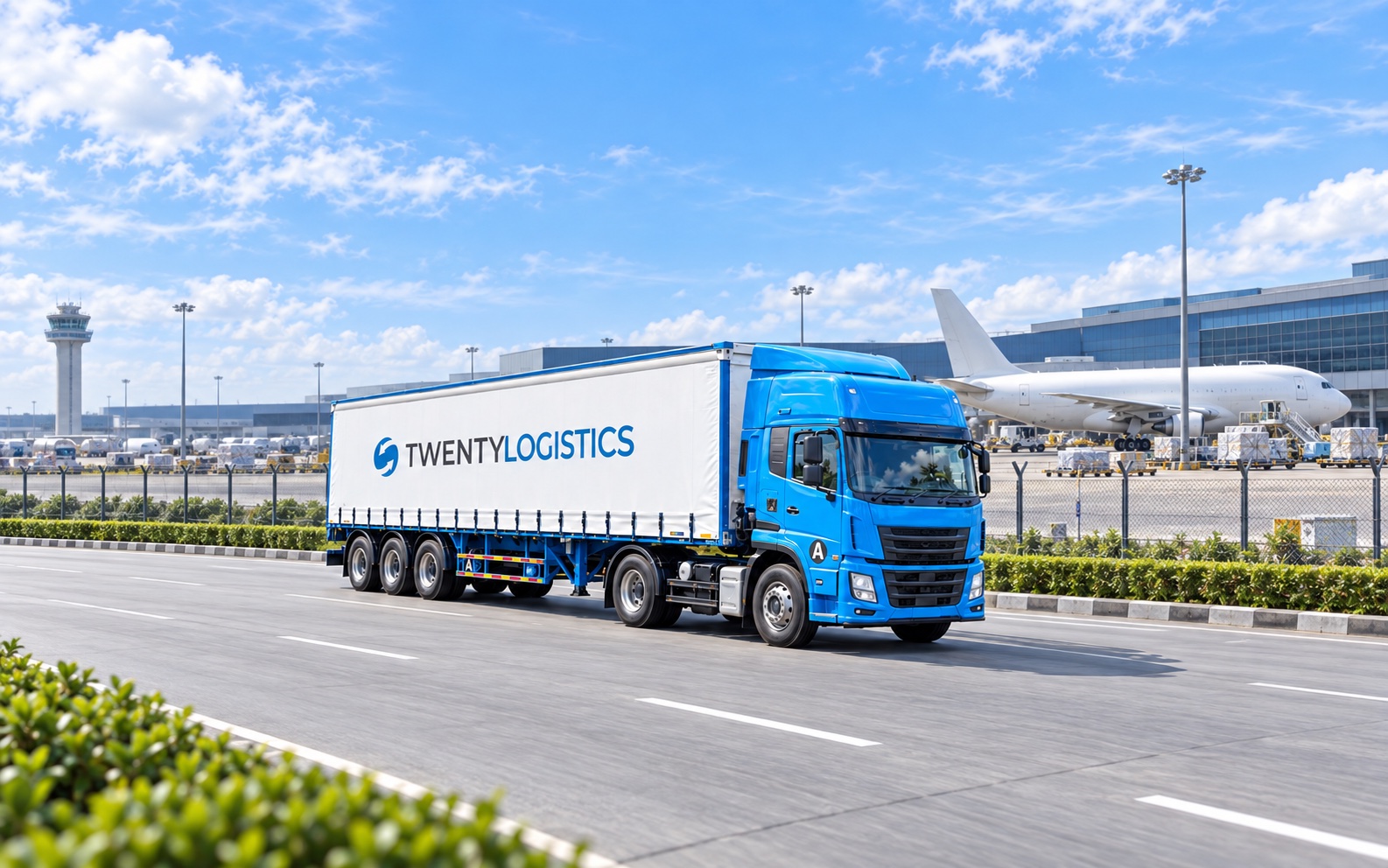 Illustrative render of a Twenty Logistics truck on an air-cargo terminal access road