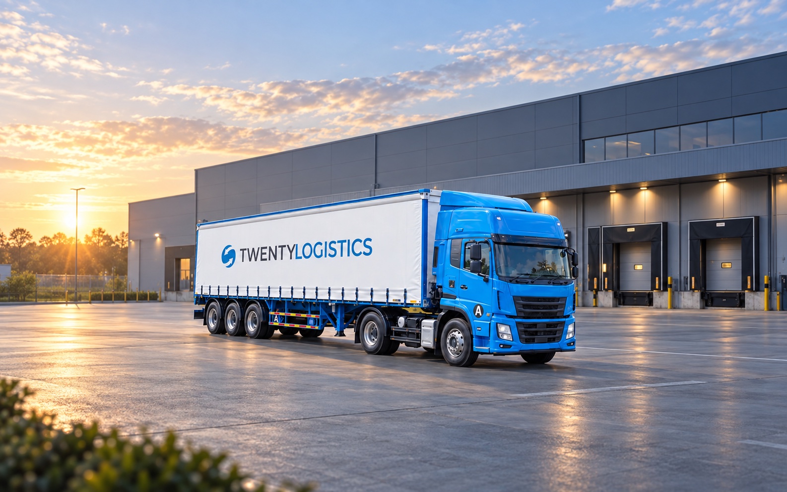Illustrative render of a Twenty Logistics truck at a modern logistics depot