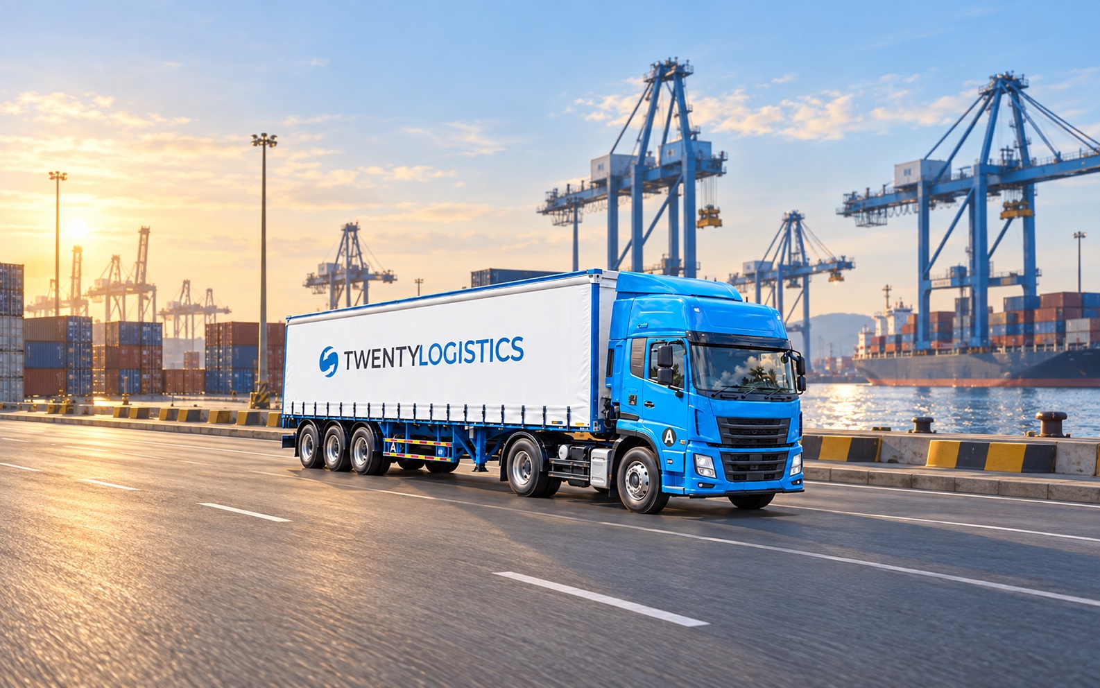 Illustrative render of a Twenty Logistics truck beside a container port at sunset