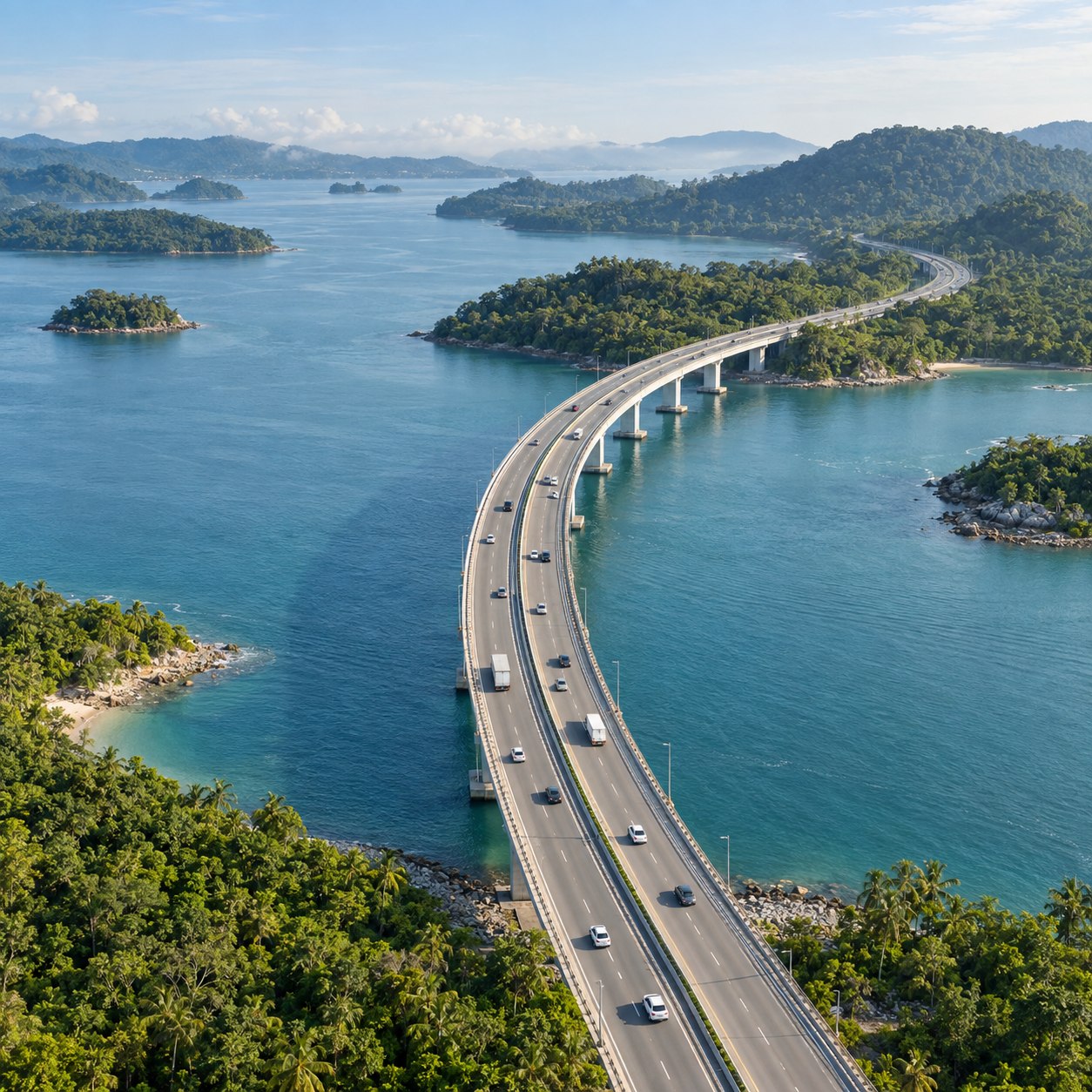 Illustration of a two-way road connection across a tropical coastal bridge