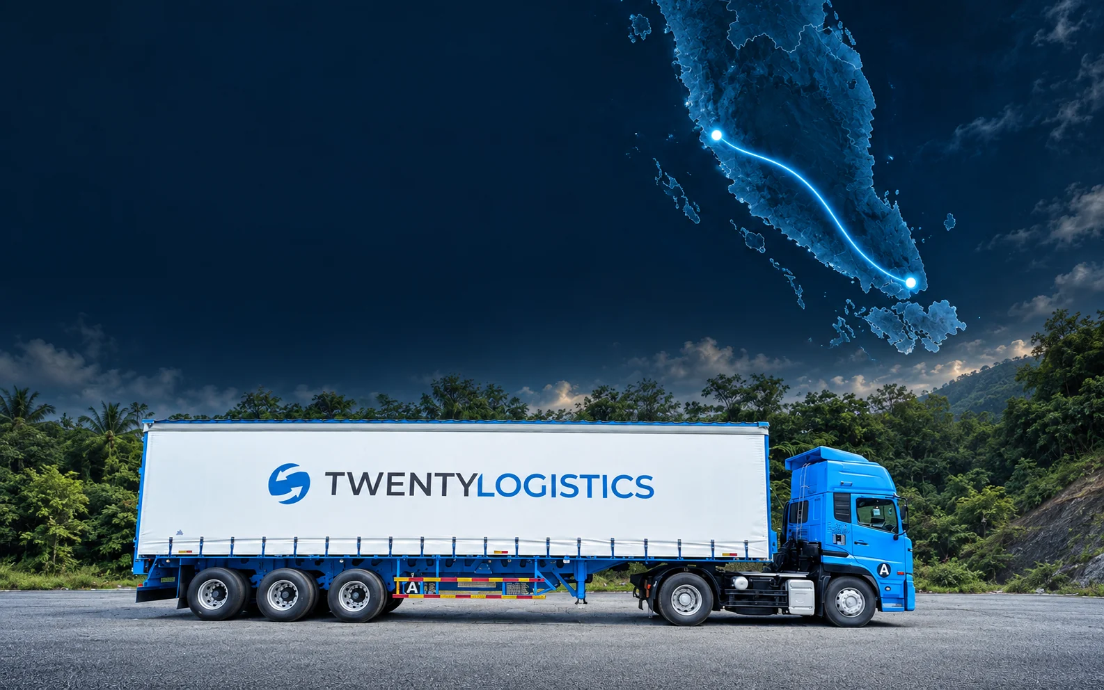 Twenty Logistics blue truck with an illustrative Malaysia–Singapore route map