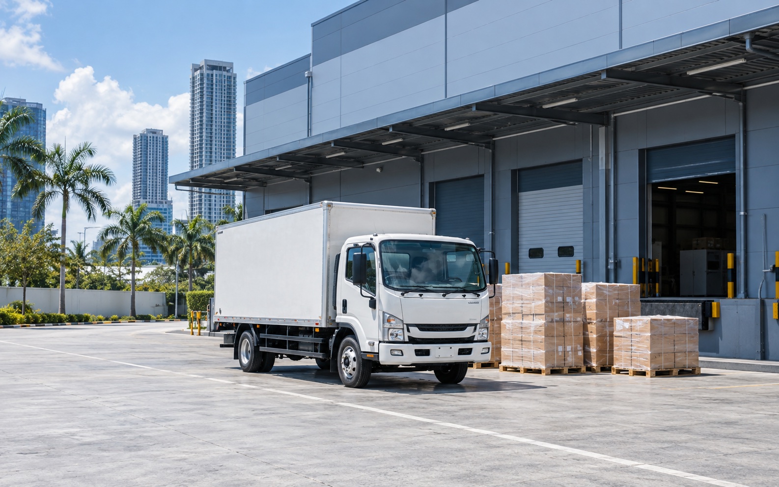 Illustration of a delivery truck at a commercial loading bay