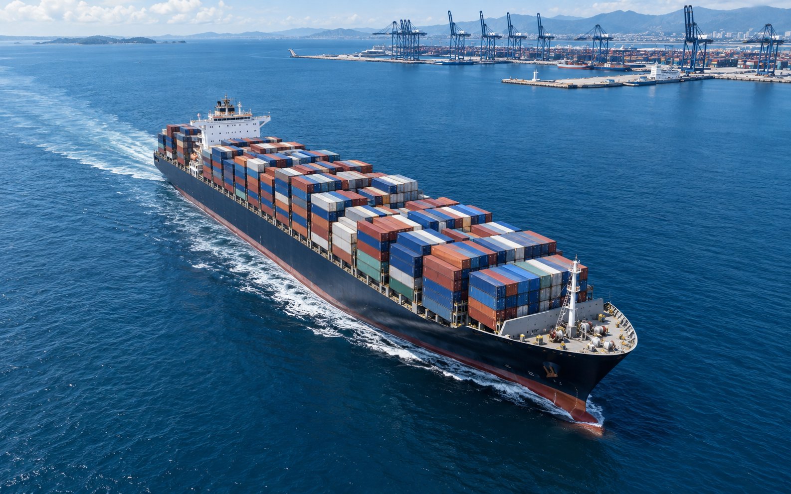 Container ship and port illustrating ocean freight